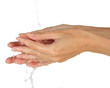 Washing hands on white background close-up