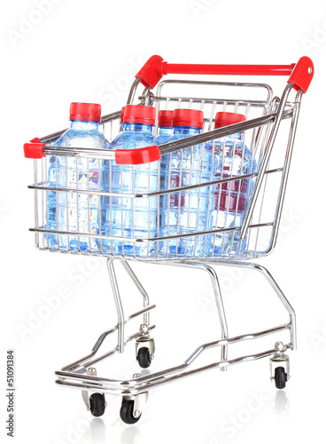 Photo: plastic bottles of water in trolley isolated on white plastic bottles of water in trolley isolated on white