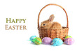 Fluffy foxy rabbit in basket with Easter eggs isolated on white