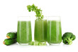 Glasses of green vegetable juice, isolated on white