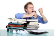 overwhelmed worker eating from a tin