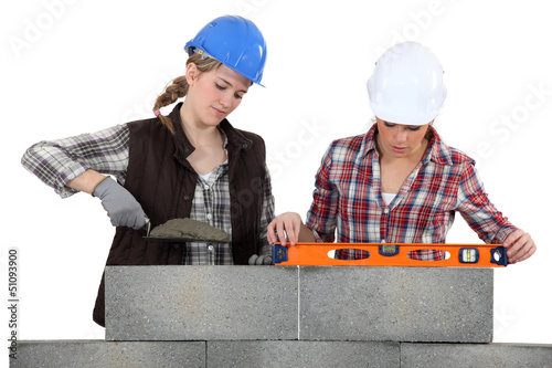 Photo: Two female bricklayers Two female bricklayers