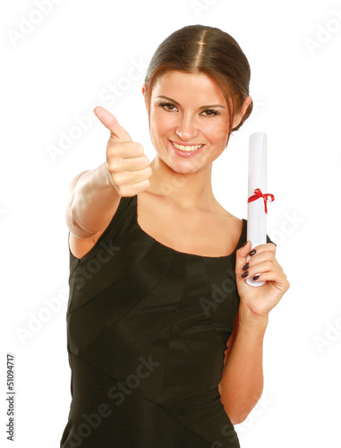 Photo: Beautiful woman student with diploma and showing ok Beautiful woman student with diploma and showing ok