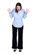 Businesswoman surprised at what she sees on the floor.