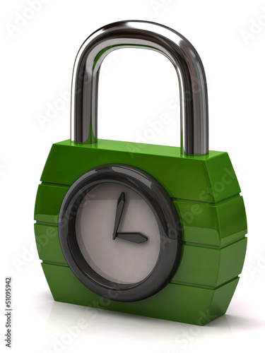 Illustration: Padlock with clock. Concept of opening hours Padlock with clock. Concept of opening hours