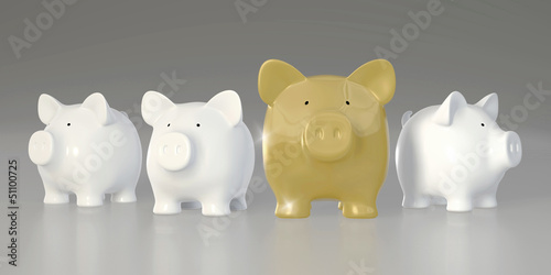 Illustration: Piggy bank - row with big golden pig Piggy bank - row with big golden pig
