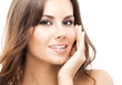 Woman touching skin or applying cream, isolated