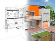 Modern house in section with visible infrastructure in interior