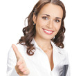 Businesswoman giving hand for handshake, on white
