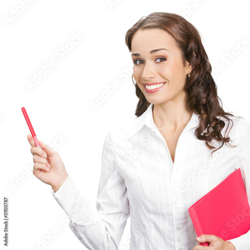 Photo: Businesswoman showing, isolated on white Businesswoman showing, isolated on white
