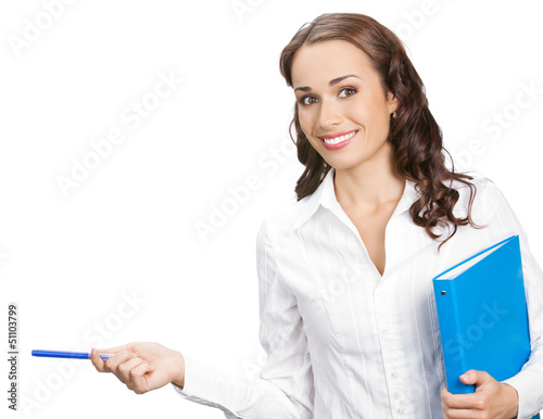 Photo: Businesswoman showing, isolated on white Businesswoman showing, isolated on white