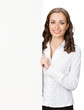 Businesswoman showing blank signboard, on white
