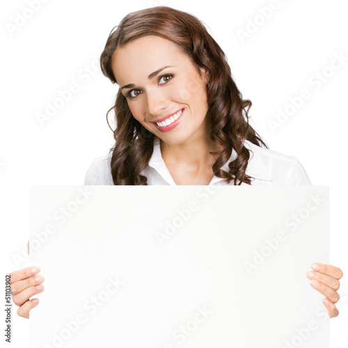 Photo: Businesswoman showing blank signboard, on white Businesswoman showing blank signboard, on white