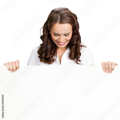 Photo: Businesswoman showing blank signboard, on white Businesswoman showing blank signboard, on white