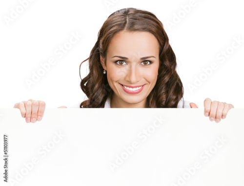 Photo: Businesswoman showing blank signboard, on white Businesswoman showing blank signboard, on white