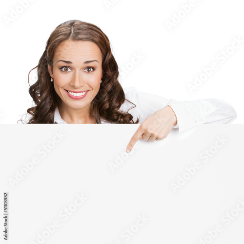 Photo: Businesswoman showing blank signboard, on white Businesswoman showing blank signboard, on white
