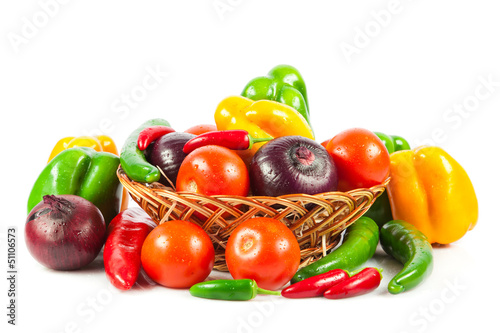 Photo: Fresh vegetables in basket isolated on white. Bio Vegetable. Co Fresh vegetables in basket isolated on white. Bio Vegetable. Co
