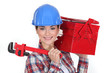 Happy woman carrying tools