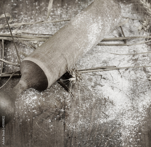 Photo: Wooden Rolling Pin, Flour And Wheat Wooden Rolling Pin, Flour And Wheat