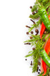 Red and green peppers and spices on a white background