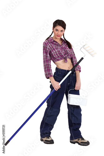 Photo: female painter holding roller isolated on white female painter holding roller isolated on white