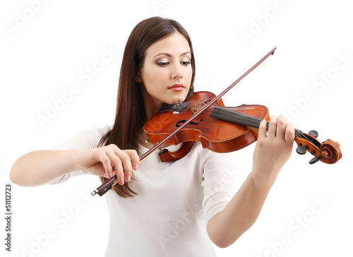 Photo: Beautiful young girl with violin, isolated on white Beautiful young girl with violin, isolated on white