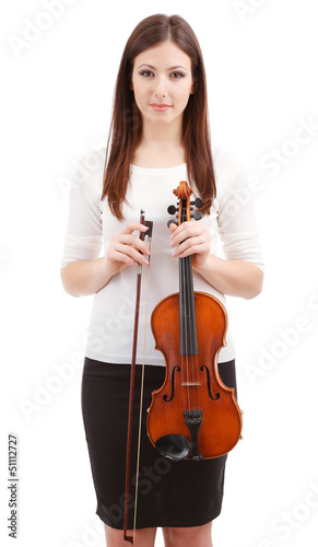 Photo: Beautiful young girl with violin, isolated on white Beautiful young girl with violin, isolated on white