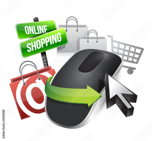 Illustration: online shopping and Wireless computer mouse online shopping and Wireless computer mouse