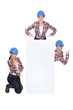 Female builder behind blank message board