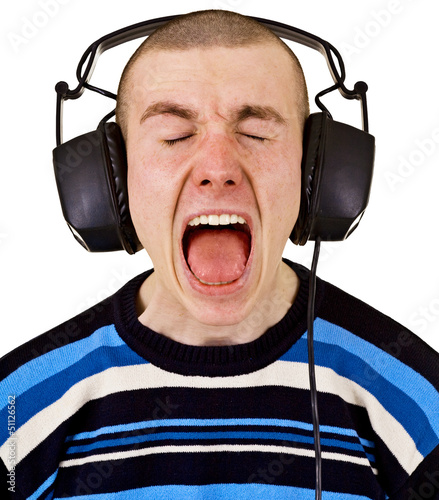 Photo: Shout male music lover with big headphones Shout male music lover with big headphones