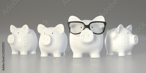 Illustration: Piggy bank - group with big pig with glasses Piggy bank - group with big pig with glasses