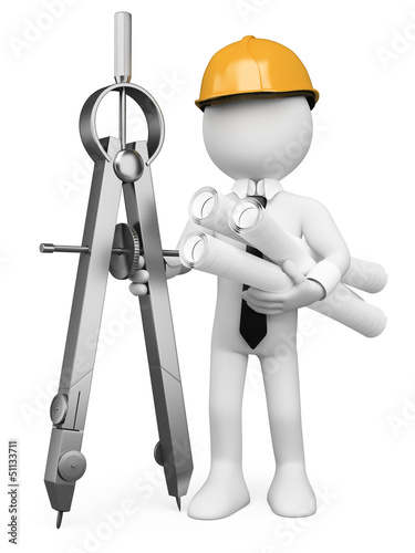 Illustration: 3D white people. Architect with a compass and plans 3D white people. Architect with a compass and plans