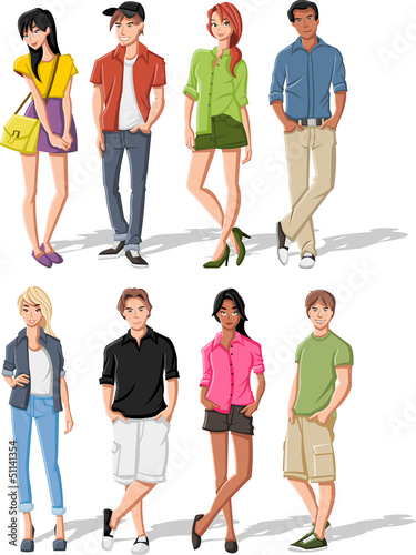 Vector: Group of fashion cartoon young people. Teenagers. Group of fashion cartoon young people. Teenagers.