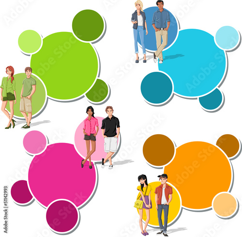 Vector: Colorful template with fashion cartoon young people. Teenagers. Colorful template with fashion cartoon young people. Teenagers.