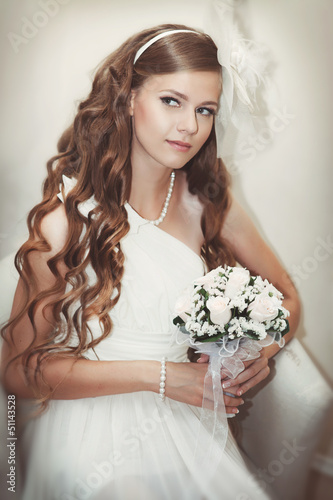 Photo: beautiful bride at wedding day in retro dress headdress beautiful bride at wedding day in retro dress headdress