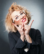 Busineswoman have the idea. Female with finger up
