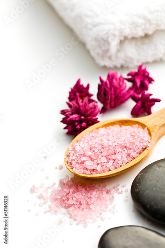 Photo: pink bath salt on wooden spoon pink bath salt on wooden spoon