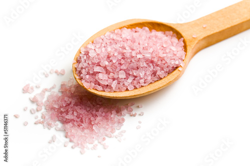 Photo: pink bath salt on wooden spoon pink bath salt on wooden spoon