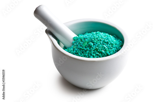 Photo: green bath salt in mortar green bath salt in mortar