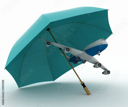 Illustration: Passenger plane flies under the umbrella Passenger plane flies under the umbrella