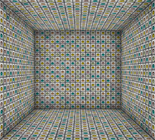 Illustration: 3d sound - system mosaic grunge square tiled empty space 3d sound - system mosaic grunge square tiled empty space