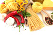 Pasta spaghetti, vegetables and spices, isolated on white