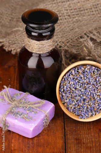 Photo: Lavender flowers and jar Lavender flowers and jar