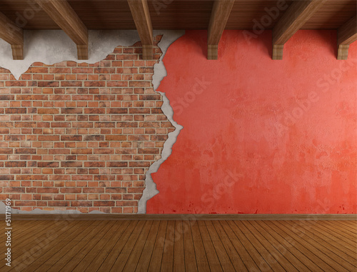 Illustration: Grunge room with old cracked wall Grunge room with old cracked wall