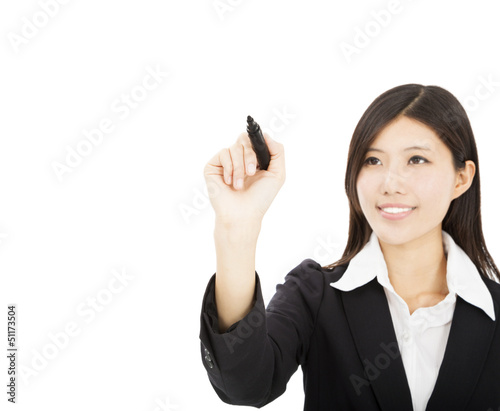 Photo: young business woman drawing on the white background young business woman drawing on the white background