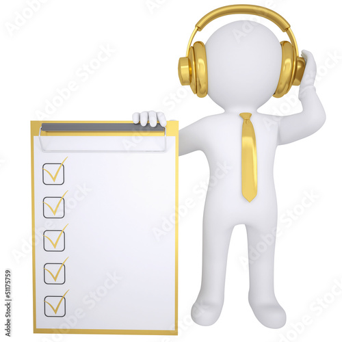 Illustration: 3d white man in gold headphones 3d white man in gold headphones