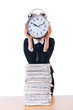 Woman businesswoman with giant alarm clock