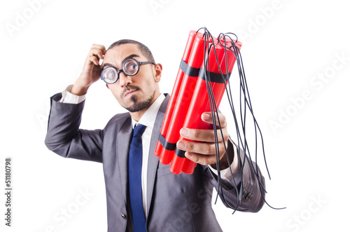 Photo: Businessman with dynamite isolated on white Businessman with dynamite isolated on white