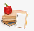 pencil on notebook near pile of books on white