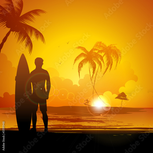 Vector: Man standing with Surf Board on Sea Beach Man standing with Surf Board on Sea Beach